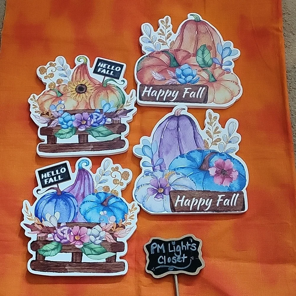 Set of 4 Fall Wooden Signs 2 Sided 2 Styles Floral Orange Blue Purple Pink